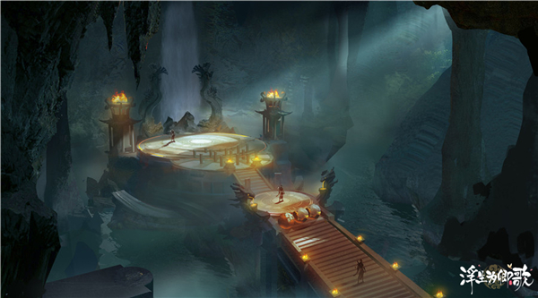 神庙外观全景:一座依山而建的汉唐风格巨型石构神庙,顶部镶嵌北斗七星浮雕,门前两尊镇海石兽口衔铜铃,海风拂过铃声清越