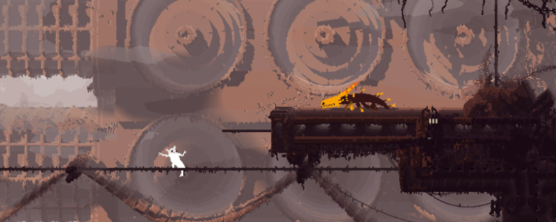 《雨世界》游戏内场景：阴冷潮湿的废弃工业废墟中，瘦小的猫猫角色伫立于巨大齿轮阴影下，头顶悬浮着幽蓝色发光神经元，背景雨丝斜织，氛围孤寂而神秘