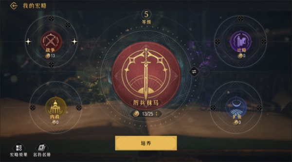 UI界面特写：中央为动态旋转的‘君主宏略罗盘’，外围环绕六个发光槽位，每个槽位悬浮不同名将剪影及对应增益图标，右下角显示‘策略匹配度：92%’浮动数值