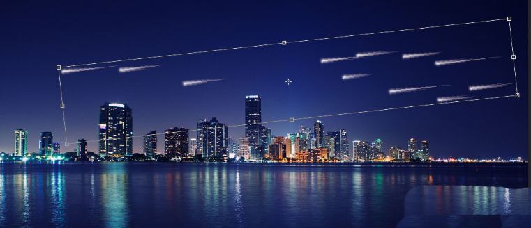 Photoshop界面中多个流星图层呈放射状分布，部分已旋转至不同角度，整体形成错落有致的星空轨迹网