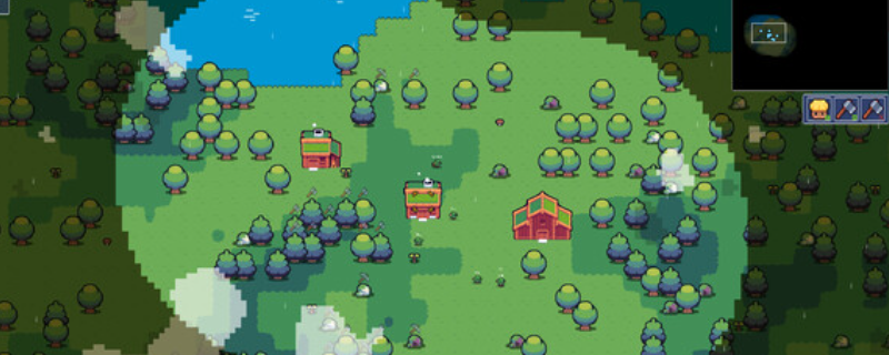 《王国君主》游戏主界面截图：俯视角像素风王国地图，中央矗立着石砌城堡，四周分布农田、伐木场与巡逻的骑士小队，UI界面简洁清晰，右下角显示金币与人口数值