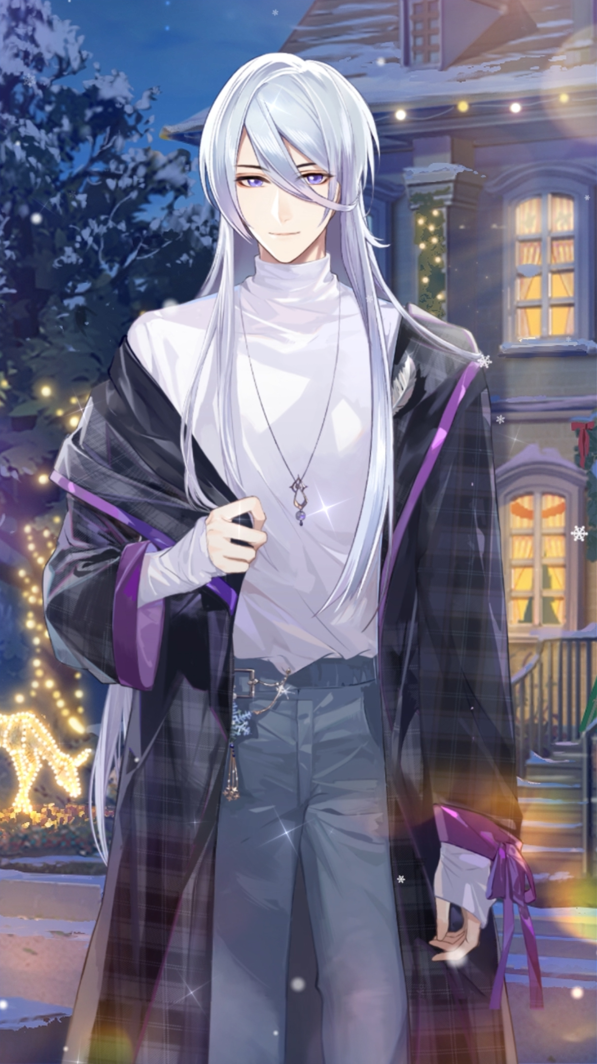 叶瑄身着[雪夜铭心]服装的动态展示图：立领长风衣搭配渐变围巾，背景飘落细雪，光影柔和，角色侧身凝望远方，神情沉静而深情