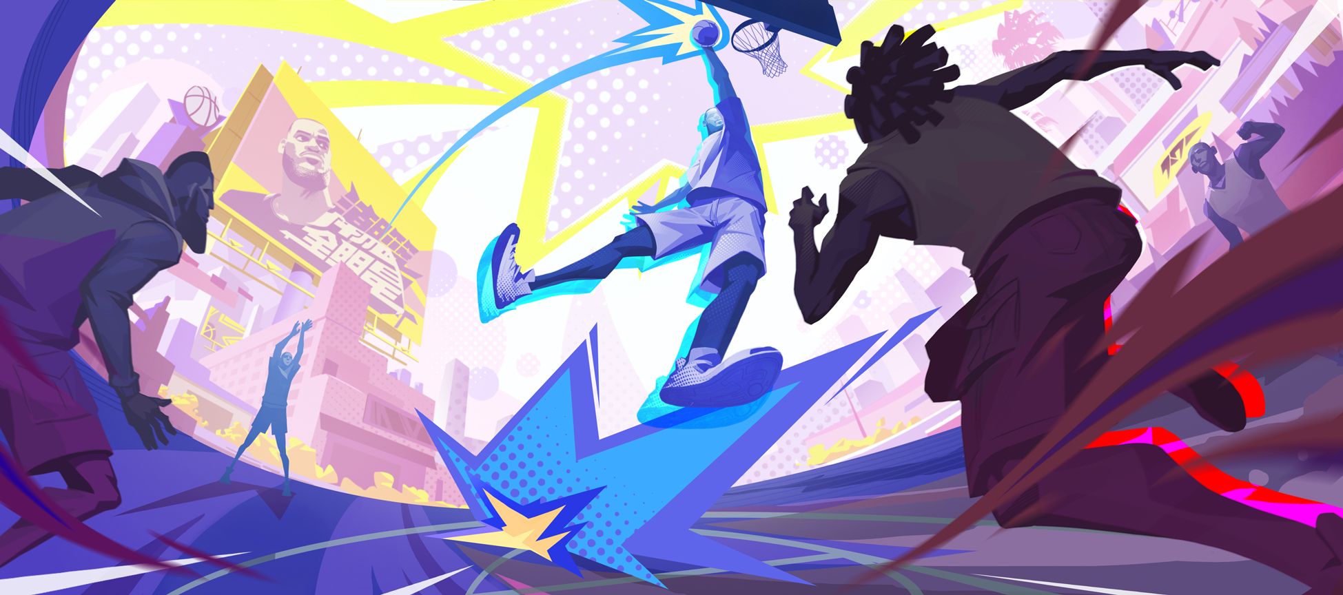 实机对战画面：三名玩家角色在废弃停车场球场激烈攻防，地面有动态阴影与滑步拖痕，技能释放时迸发金色粒子特效与‘SWISH’音效字幕