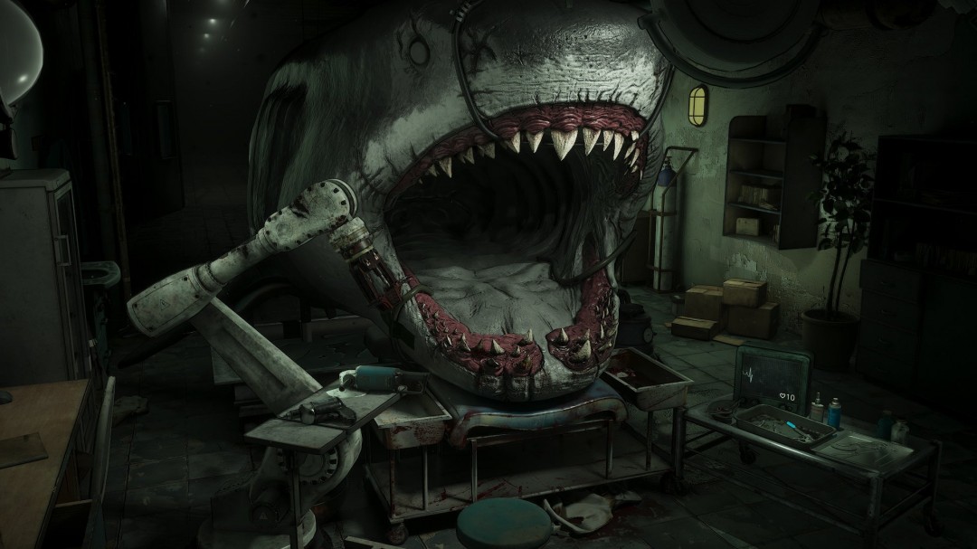 游戏内随机事件弹窗特写:深红色警报框占据屏幕中央,文字为‘TOOL FAILURE: DENTAL DRILL OVERHEATED’,背景浮现齿轮崩裂特效与冒烟动画,右下角倒计时3秒后自动触发鲨鱼抽搐动画