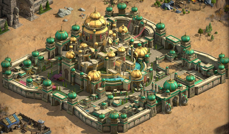 游戏内中转站建造动画：一座波斯风格穹顶建筑拔地而起，周围浮现蓝色能量环，数支军队从光柱中瞬移入场并亮起满血状态