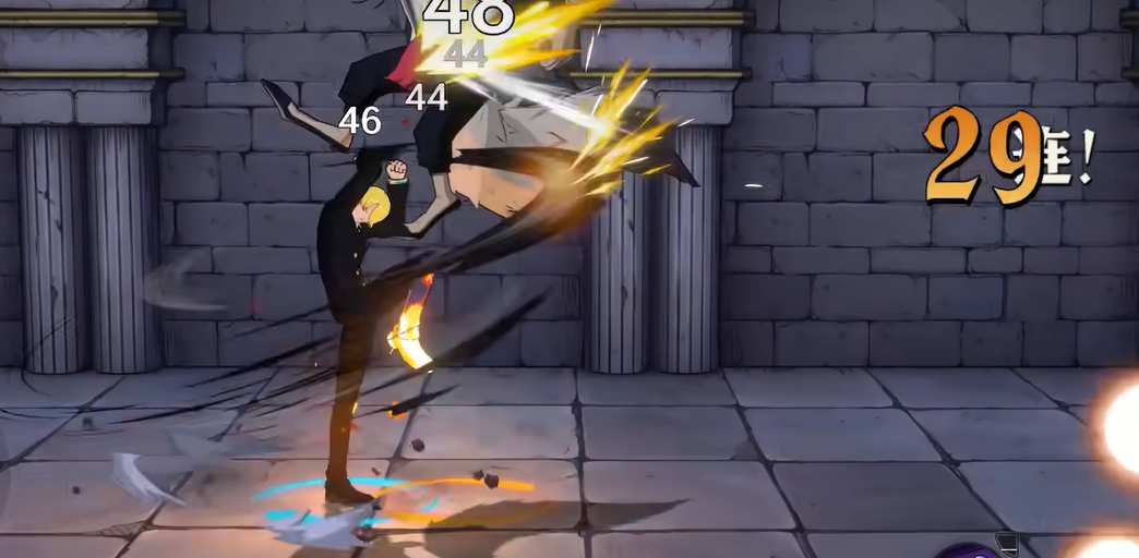 山治在实战中连续施展六段普攻的GIF截图：前四段呈扇形快速踢击，第五段身体旋转后撤，第六段自天而降踩踏敌人并高速旋转