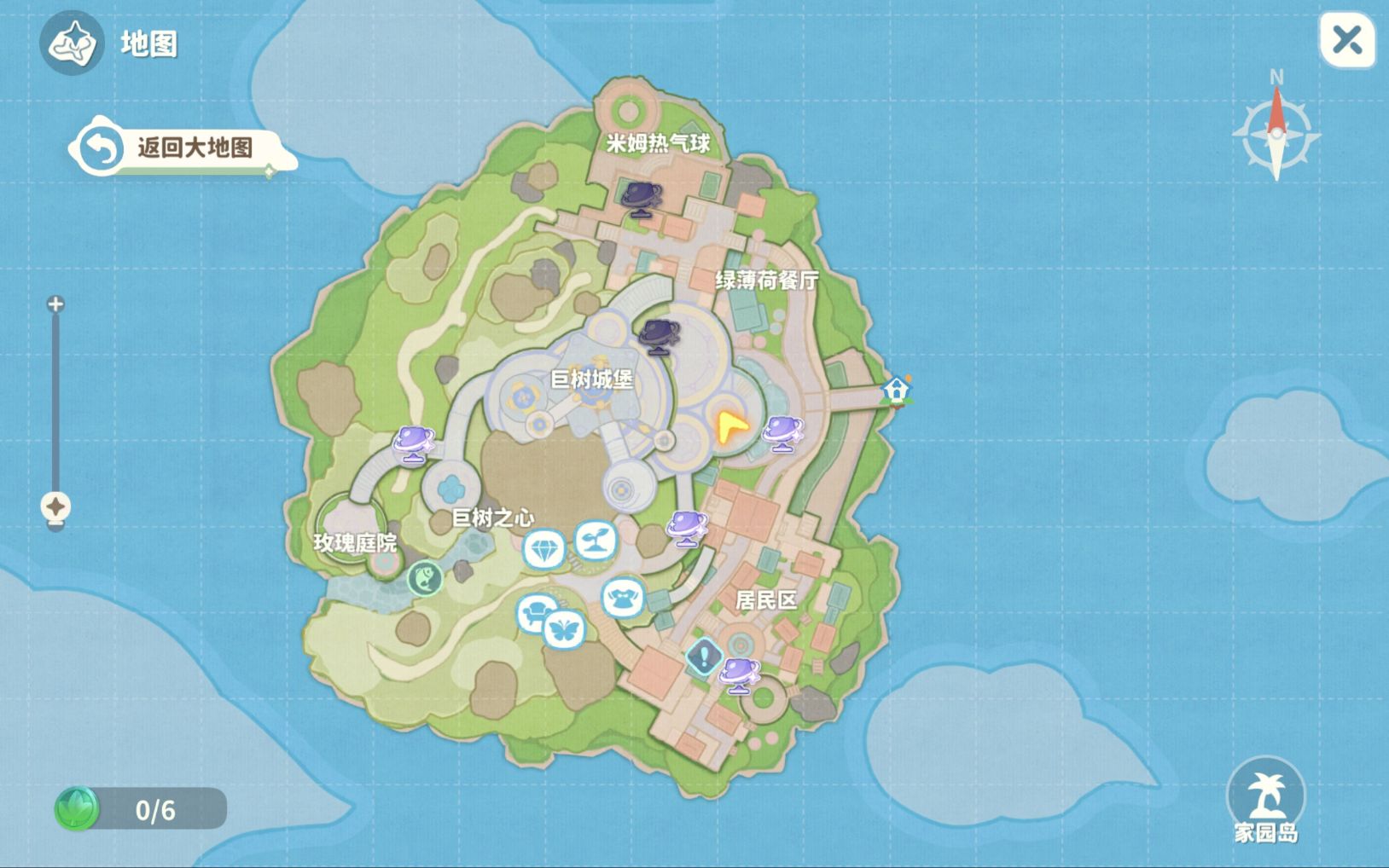 巨树岛广场俯视视角，旋转木马顶部红色旗帜杆基座处悬浮气泡，周围环绕奔跑的小鹿NPC