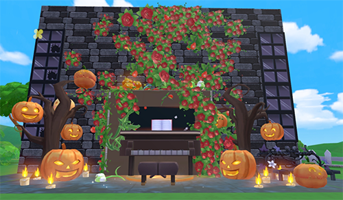 吸血摩角色身着黑色燕尾服坐于露台钢琴前演奏，周围环绕发光玫瑰与浮动星光，背景为月色下的哥特式城堡剪影