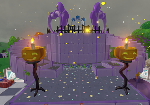 炫酷霓虹T台中央，摩尔角色身穿闪亮机甲风时装昂首阔步，四周悬浮发光灯柱随步伐节奏明暗变化，背景为动态粒子流星空