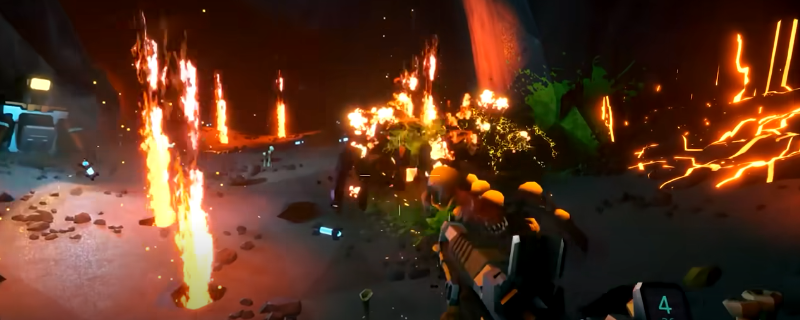 《深岩银河》游戏中工程兵肩扛便携式榴弹发射器瞄准射击的特写画面，枪口泛着金属冷光，背景为幽暗洞穴与隐约发光的紫色晶簇