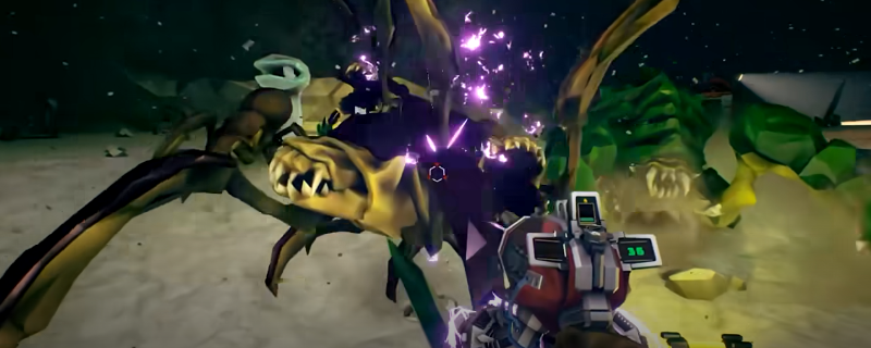 《深岩银河》工程兵持百万伏特冲锋枪作战特写：枪口迸发电弧光效，前方数只刁虫被蓝色电击粒子笼罩，呈现明显僵直减速状态