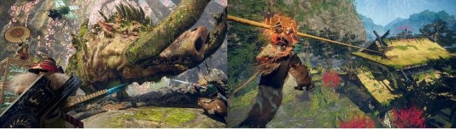 体验版实机画面：四名玩家在竹林场景中协同作战，一人释放‘旋羽’浮空牵制，另一人铺设‘止步陷阱’，地面可见已编织成型的木质‘机匣’平台与飞溅的琥珀碎屑特效