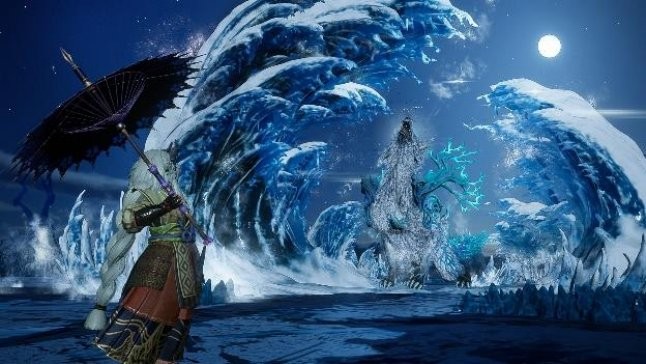 络繰建造演示动图：猎人指尖划过屏幕，青色能量线迅速编织成旋转的‘旋羽’装置，随即升空形成悬浮攻击平台，下方地面同步延展出木质导轨与弹簧机关