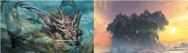 战斗特写：猎人挥舞刃伞腾空跃起，伞面展开瞬间迸发金色络繰光刃，精准劈开‘山穿槌’背部岩甲，碎石飞溅中露出内部脉动的赤色晶核