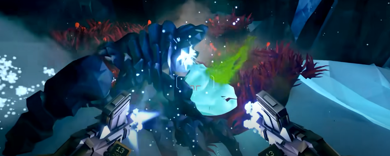 《深岩银河》钻机手手持冰枪开火瞬间，幽蓝冷凝粒子呈扇形喷涌而出，前方数只虫族敌人身体表面已覆盖半透明冰晶，动作明显迟滞