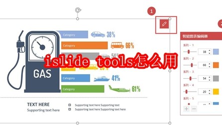 iSlide Tools主界面截图，左侧为功能导航栏，中央显示‘智能图表’醒目图标，右上角可见PowerPoint菜单栏集成样式