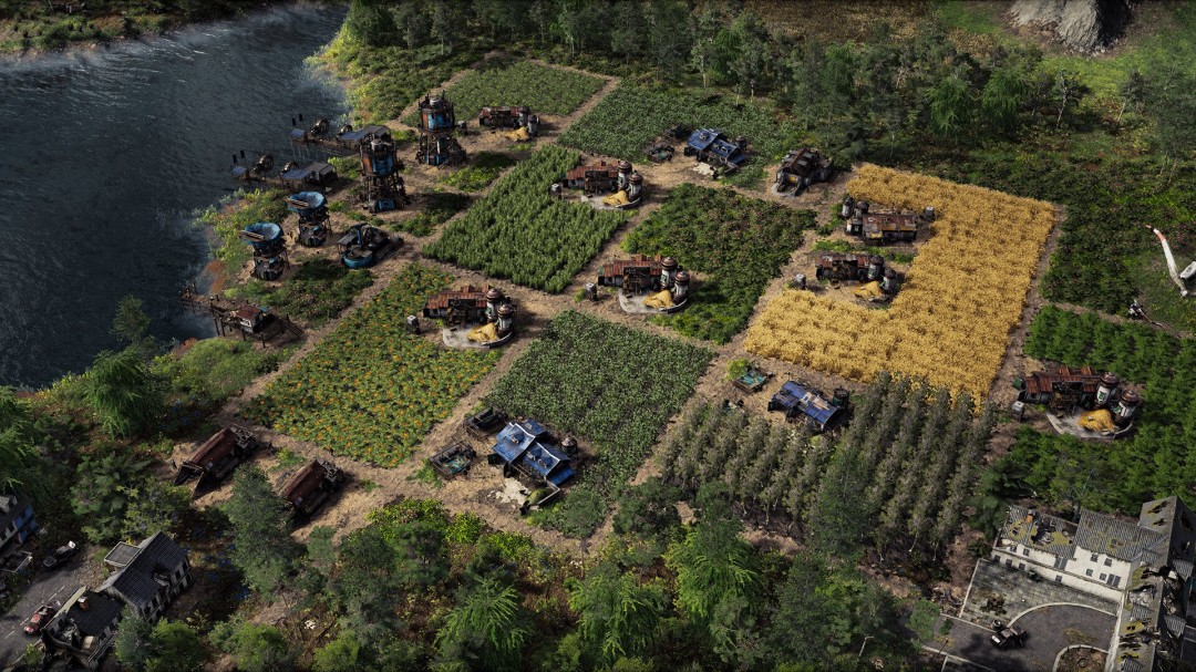 游戏实机截图：俯视角城市界面中，多条彩色路径线交织延伸至地图边缘，中央定居点升起袅袅炊烟，右上角弹出‘酸雨预警：3小时后抵达’红色通知框