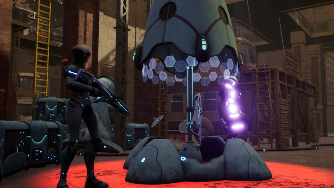 游戏实机战斗界面截图:俯视角战术网格中,一名持改装步枪的角色正蹲伏于翻倒的公交车后,UI显示‘时间锚定’技能冷却中,远处两名敌方单位在霓虹广告牌阴影下移动,环境粒子效果呈现雨夜氛围与轻微时间扭曲波纹