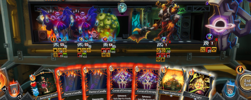 《怪物火车2》游戏主界面截图，画面呈现燃烧的蒸汽列车与三层火焰甲板，UI清晰显示生命值、能量与卡牌栏，整体风格暗黑炽烈