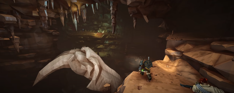 《深岩银河》中钻机角色正在高速旋转钻头开凿岩壁，碎石飞溅，身后队友正借新打通的通道集火虫群，场景充满动态张力与工业朋克质感