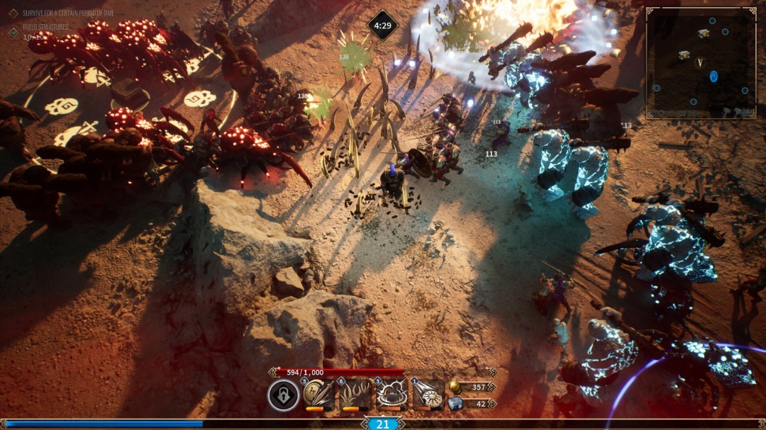 基地建造界面截图：UI清晰展示可建造结构图标，包括旋转炮台、脉冲护盾发生器与治疗光环阵列，地面网格化布设引导线泛着蓝光