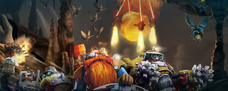 《深岩银河》中侦察兵角色立绘特写：头戴探照灯头盔、身着橙黑相间动力装甲，手持高亮探照灯与精准步枪，背景为熔岩洞穴与悬浮矿石