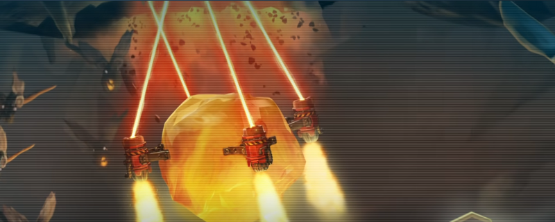 《深岩银河》游戏内博斯科角色特写：金属质感四臂机械犬蹲伏于岩洞地面，前肢握镐、后肢微屈，背景可见发光矿脉与蒸汽管道，整体色调冷峻科技感十足