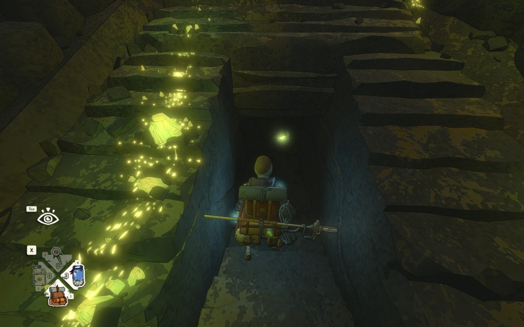 俯视角地图示意：矿洞内部结构简图，红点标注三处碎片位置——岩壁、左近地面、右近地面