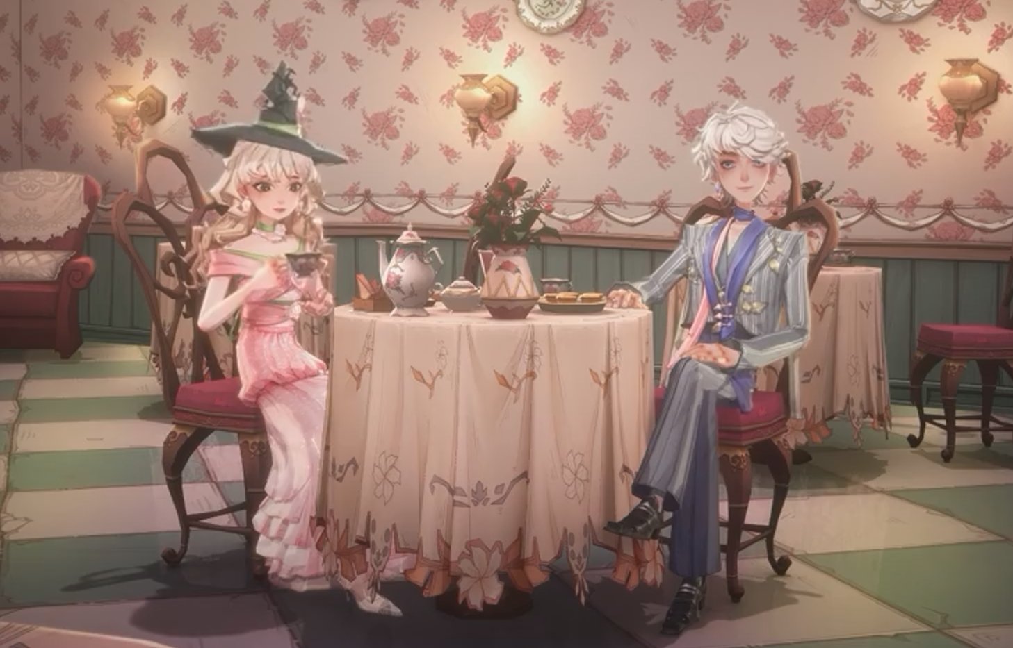 帕笛芙夫人茶馆内景:暖黄灯光下,木质圆桌摆着骨瓷茶具与玫瑰花束,窗外可见霍格沃茨城堡剪影,氛围温馨典雅