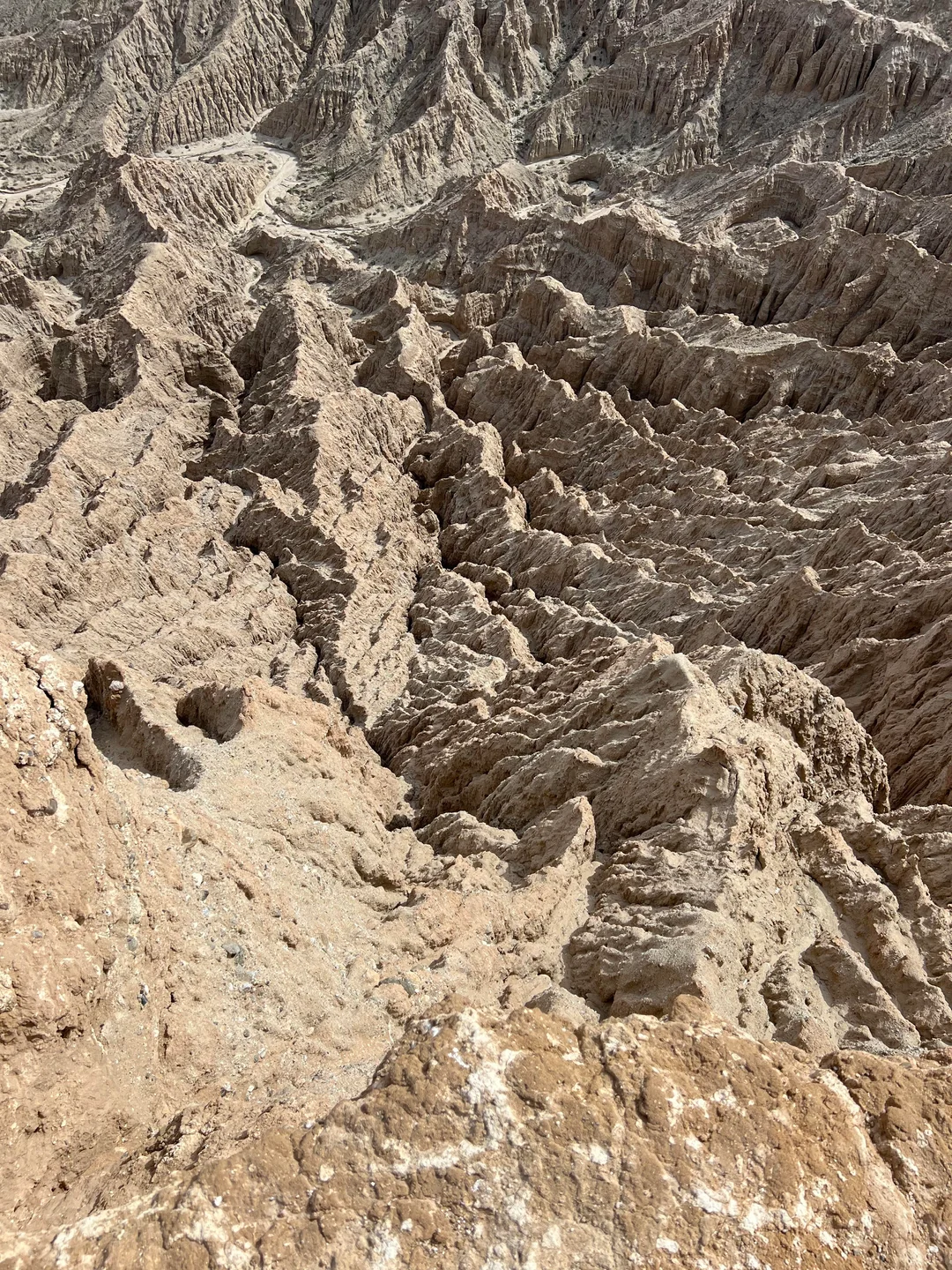 沙漠特写：布满细微盐霜结晶的干涸湖床表面，裂缝走向与《死亡搁浅2》某加载界面背景纹理完全一致