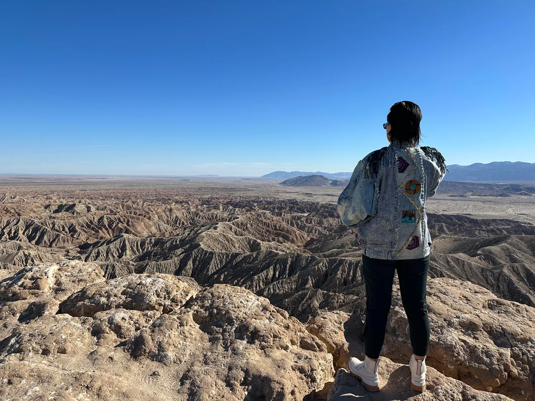 远景对比：同一角度拍摄的峡谷入口，实景照片中可见野生约书亚树轮廓，游戏预告中该位置精准还原了树形剪影与枝干分叉逻辑