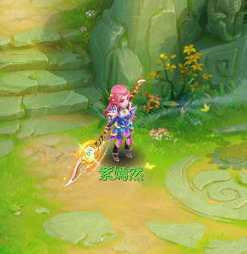 动态GIF：紫嫣然于演武场凌空跃起，银枪划出银弧破风而过，枪尖拖曳金红焰尾，落地瞬间地面迸发莲花状冲击波，发带与衣袂猎猎飞扬