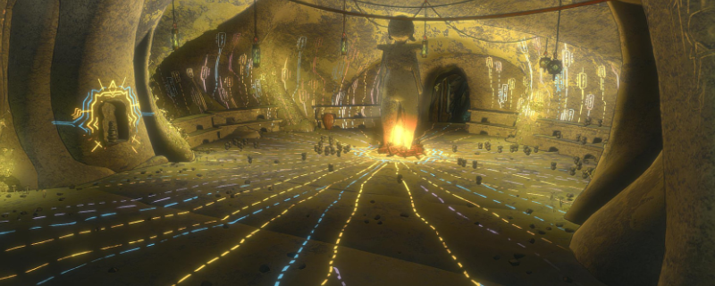 《孤山独影》游戏内俯视角画面：一座青灰色巨石雕琢的古老童像矗立山巅，其头顶裂开一道幽深缝隙，隐约可见一枚泛着铜绿的尖锐岩钉嵌入石缝中