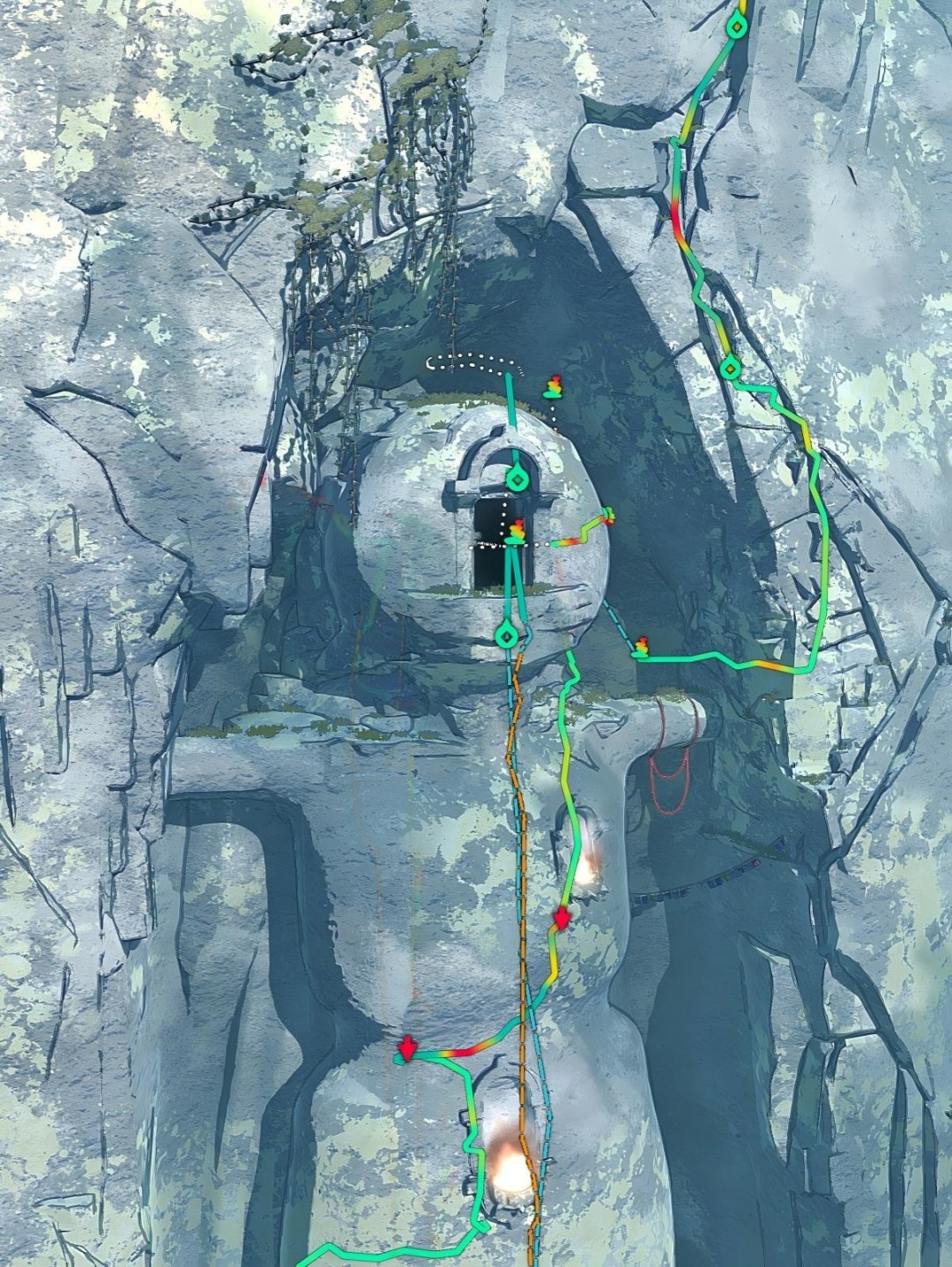 特写画面：篝火映照下，一只粗陶罐盛满金黄色液体，旁边三株带露水的靛蓝色龙胆草静静躺在苔藓垫上