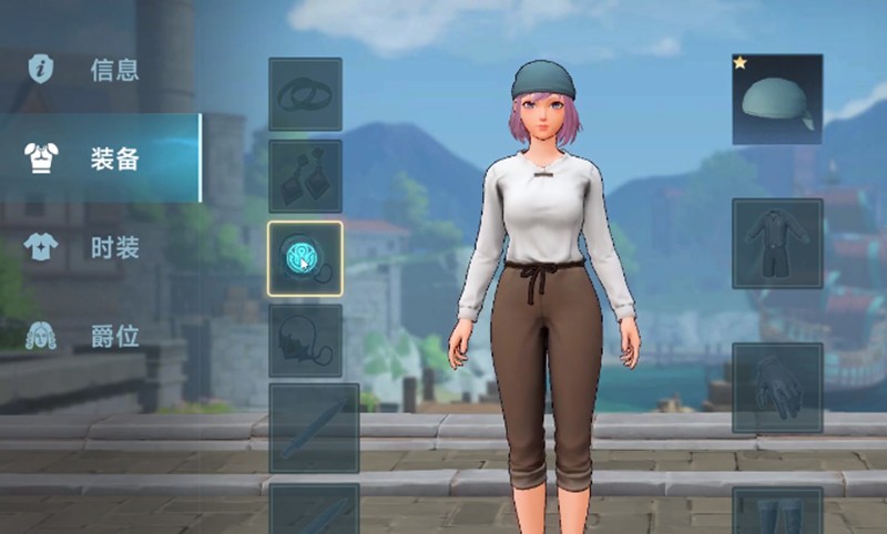 港口商店货架场景,木质柜台陈列多件3D装备模型:左侧为泛着金属光泽的燧发枪,中间是绣有海神图案的航海斗篷,右侧悬浮着一本散发幽光的古籍类装备