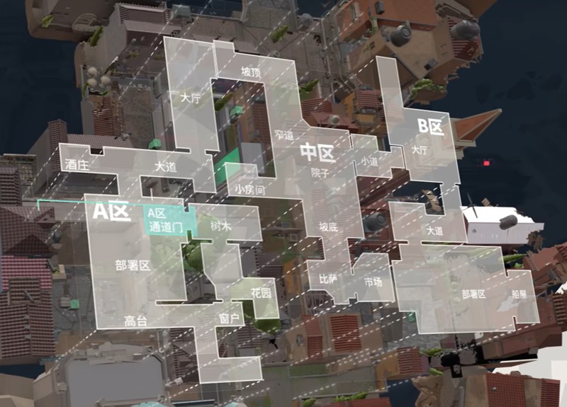 战术示意图：蓝色箭头标注防守方关门动线，红色虚线显示进攻方被迫变更的绕行路径，中区廊桥顶部标注‘制高压制点’字样及瞄准镜视角