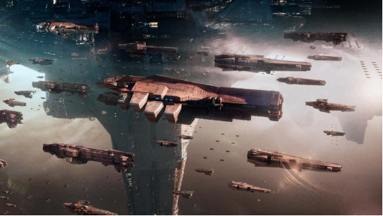 《星际猎人》游戏主界面震撼呈现‘盘古’巨型星舰编队，背景为浩瀚星云与旋转行星，UI右上角悬浮金色‘盘古启航’活动徽标