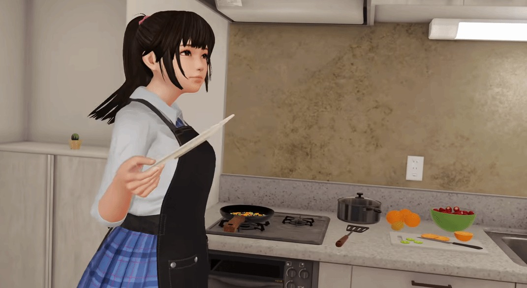 女主夕阳樱卧室场景：开放式衣橱陈列多款服饰，VR手柄正抓取一件白色女仆裙，裙摆随虚拟手势轻微晃动，窗外阳光斜射在木质地板上