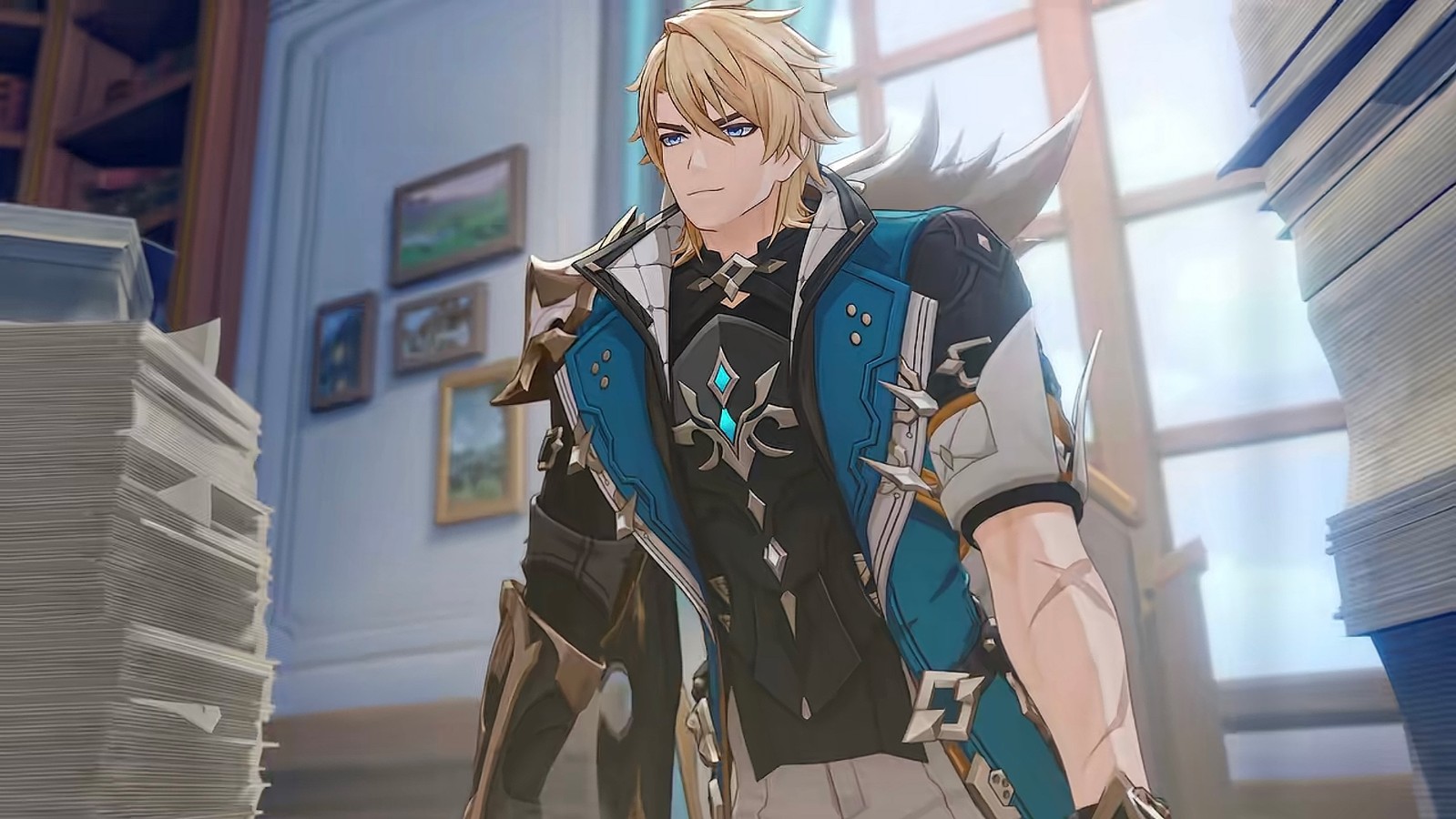 法尔伽角色立绘高清图：银灰长发随风扬起，左臂佩戴刻有狼首纹章的护甲，右手持双刃长剑，脚下浮现半透明风涡，眼神坚毅中透出守护者的温柔