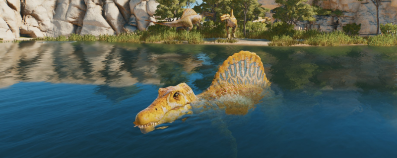 《侏罗纪世界：进化3》游戏内UI界面特写，左侧为中型食肉动物图鉴列表，右侧显示‘可安全共存’高亮标签及围栏内多龙和谐共处的实景渲染图