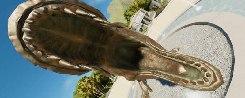 《侏罗纪世界：进化3》游戏内实机画面：三只羽状迅猛龙呈扇形包抄一只惊慌的三角龙，背景为热带雨林围栏区，动态光影与毛发渲染细腻逼真