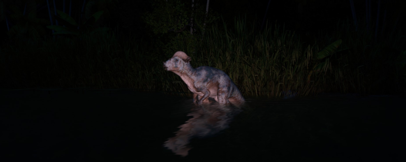 《侏罗纪世界：进化3》游戏内界面截图：三只形态各异的食腐恐龙在开阔草原上缓步行走，背景可见木质围栏与远处的游客观景台，画面光影细腻，植被逼真