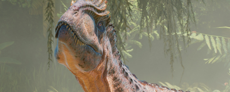 《侏罗纪世界：进化3》游戏内甲龙科恐龙特写画面：一只灰褐色甲龙正侧身站立，背部覆盖层层叠叠的灰白色骨质板，尾部高高扬起带尖刺的骨锤，背景为热带雨林围栏场景