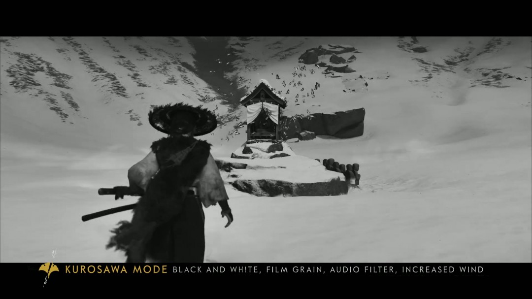 《羊蹄山之魂》黑泽明模式实机画面：全黑白影像呈现，粗粝胶片颗粒质感弥漫，远景武士剪影立于狂风呼啸的荒原，枯枝飞旋，极具《七武士》式苍劲史诗感