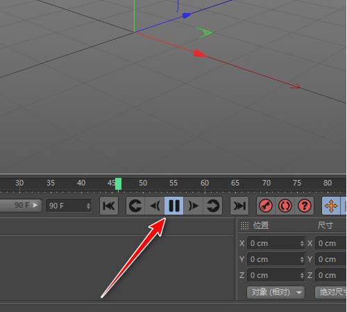 C4D播放控制区特写，播放按钮呈蓝色高亮状态，时间轴上音频波形随播放进度实时高亮，底部状态栏显示当前时间码与音频采样信息