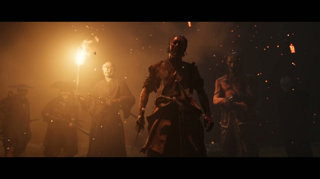 黑泽模式画面：全黑白影像，高反差光影勾勒笃持刀剪影，背景枯松嶙峋，画面充满戏剧张力与古典寂寥感