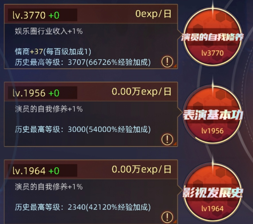 娱乐圈技能界面，‘演员的自我修养’技能图标为聚光灯与胶片卷轴，标注‘粉丝经济转化率+35%’