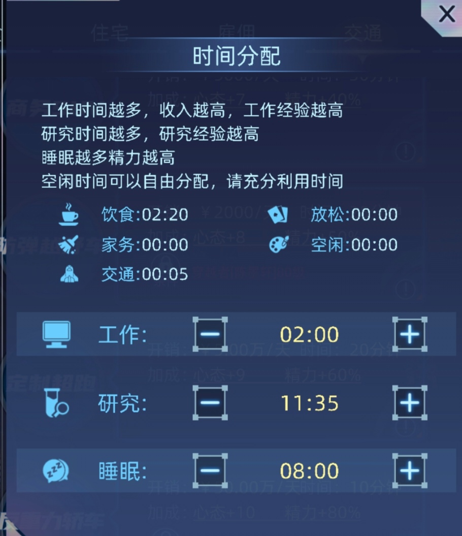 科研界面全景，中央为‘学习算法’研究进度条，四周环绕着‘知识转化率’‘技能熟练度’等浮动数据指标