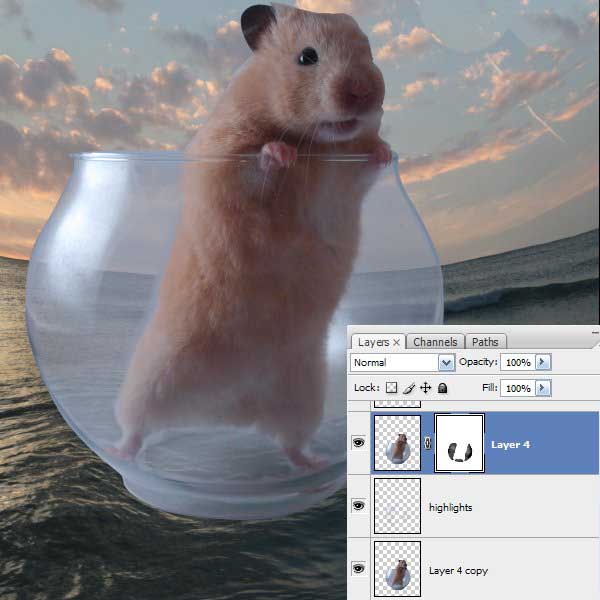 图层面板特写：清晰展示‘原片玻璃’‘玻璃副本’‘玻璃要点’三层结构，每层均带矢量蒙版，黑色画笔正在蒙版上柔化底部边缘