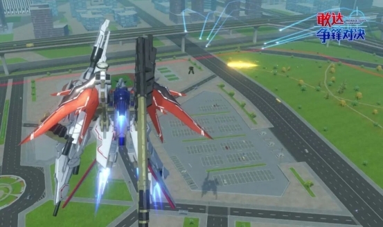 宙斯魅影装备形态下磁轨炮齐射瞬间，多道蓝色能量弹轨迹划破战场，前方敌人被集体击飞腾空